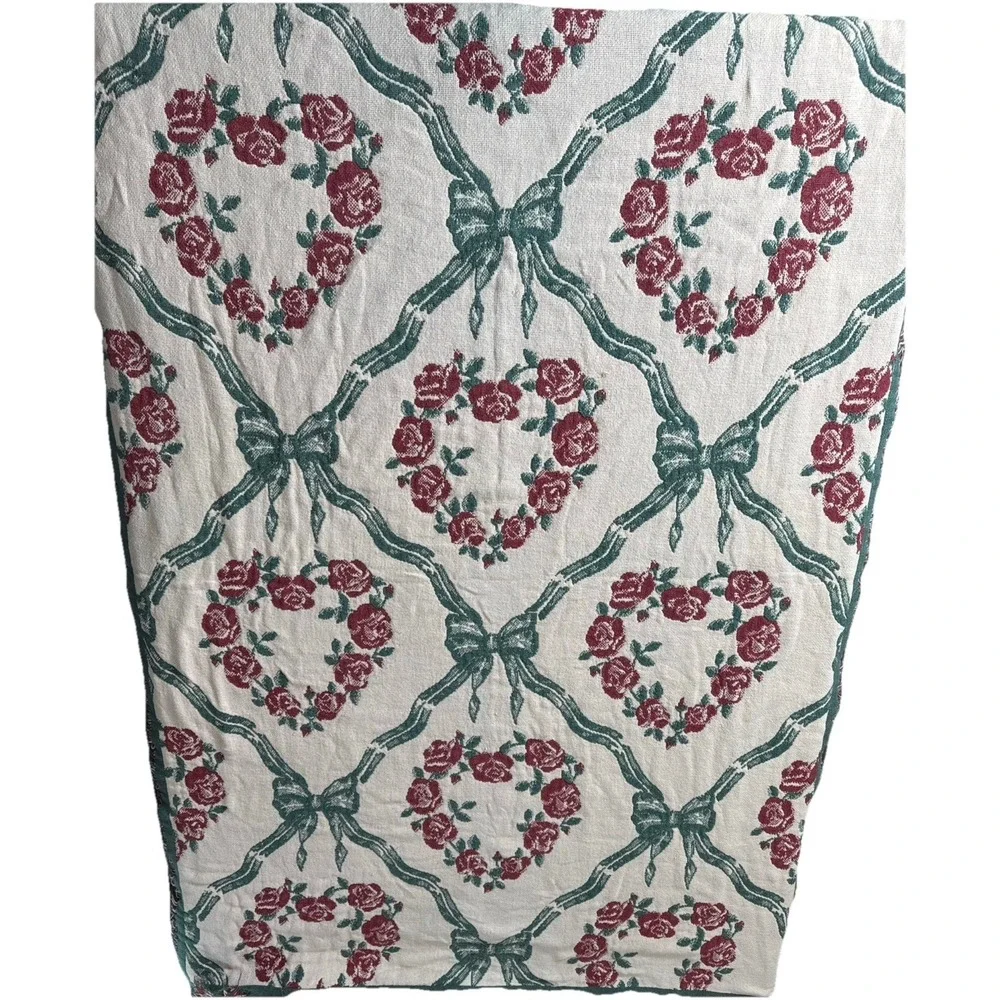 Woven Tapestry‎ With Hearts,Bows & Roses Throw Blanket Cottagecore Vintage 64x45